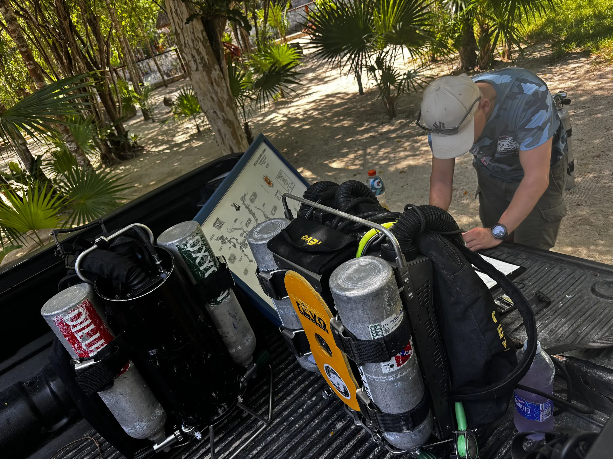 rEvo closed-circuit rebreathers being prepared for a cave dive in the Riviera Maya