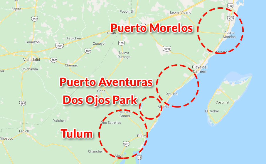 Zones and prices for cavern dives in the cenotes with Planet Scuba Mexico